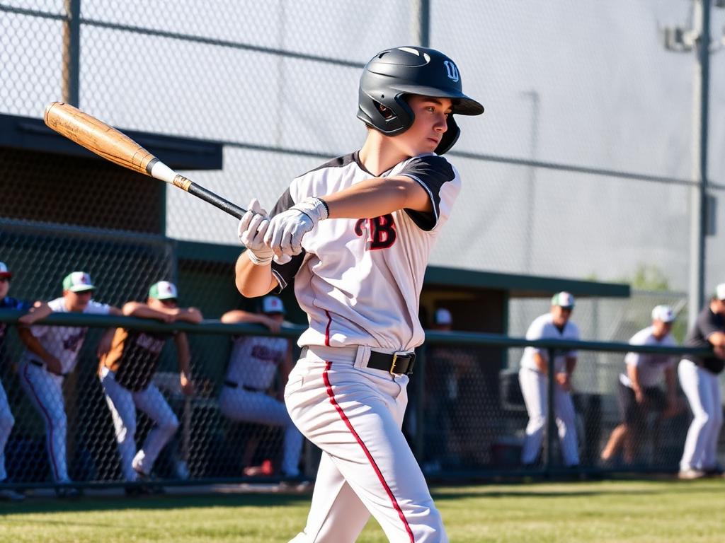 High school baseball player mid-swing