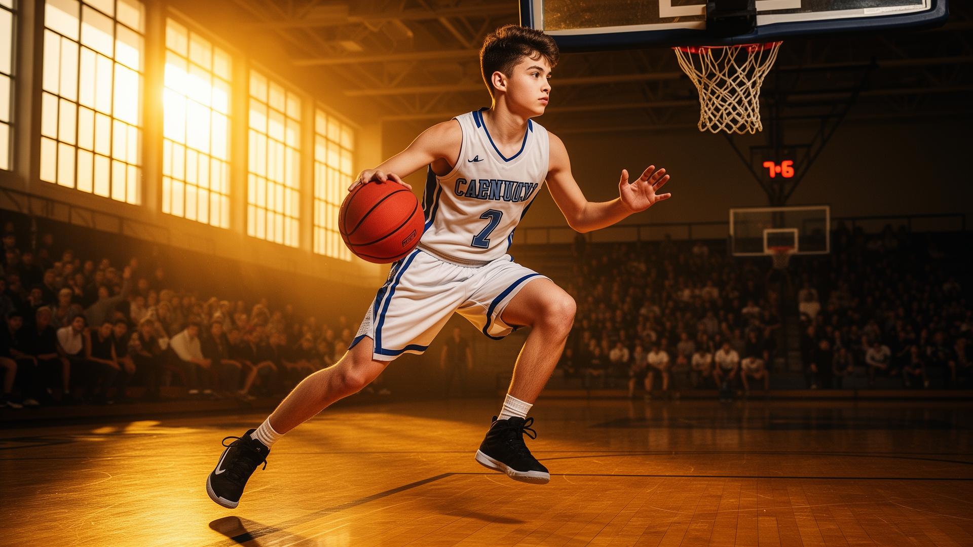 High school basketball player driving to the hoop