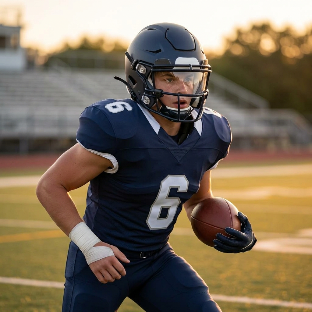 High school football player carrying the ball