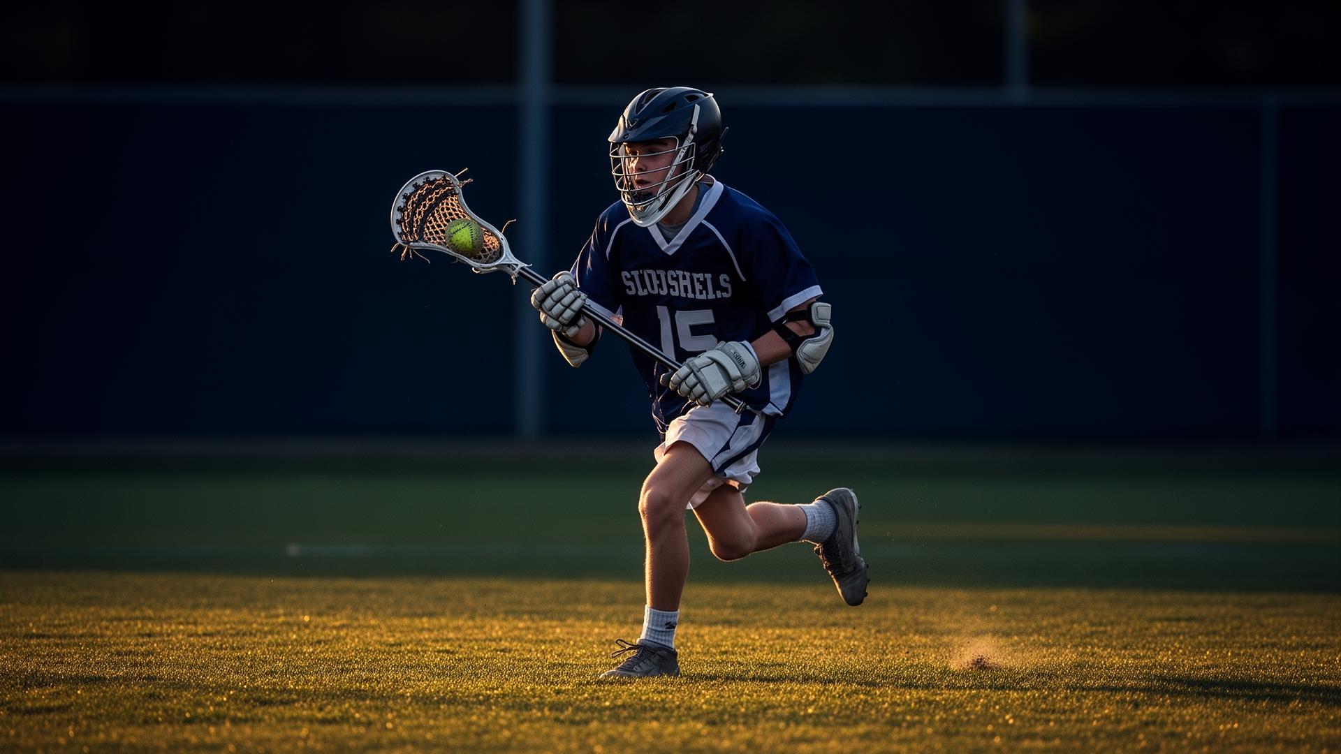 High school lacrosse player running with stick