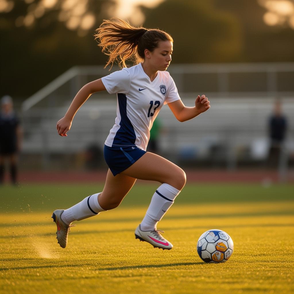 High school soccer player sprinting with the ball