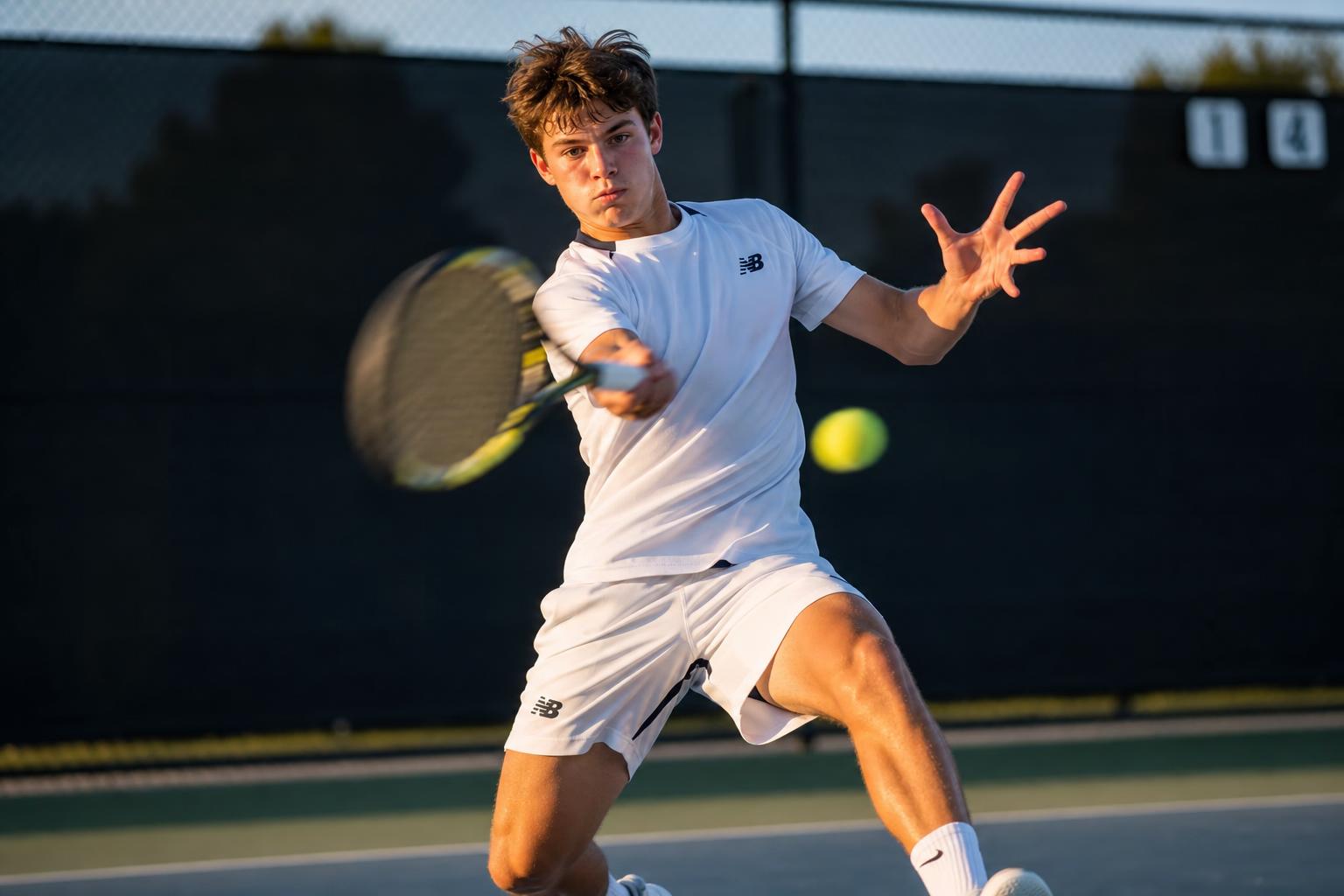 High school tennis player mid-backhand
